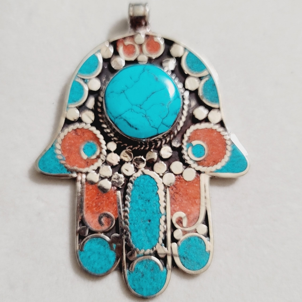 Vibrant Tibetan Hamsa Hand Pendant